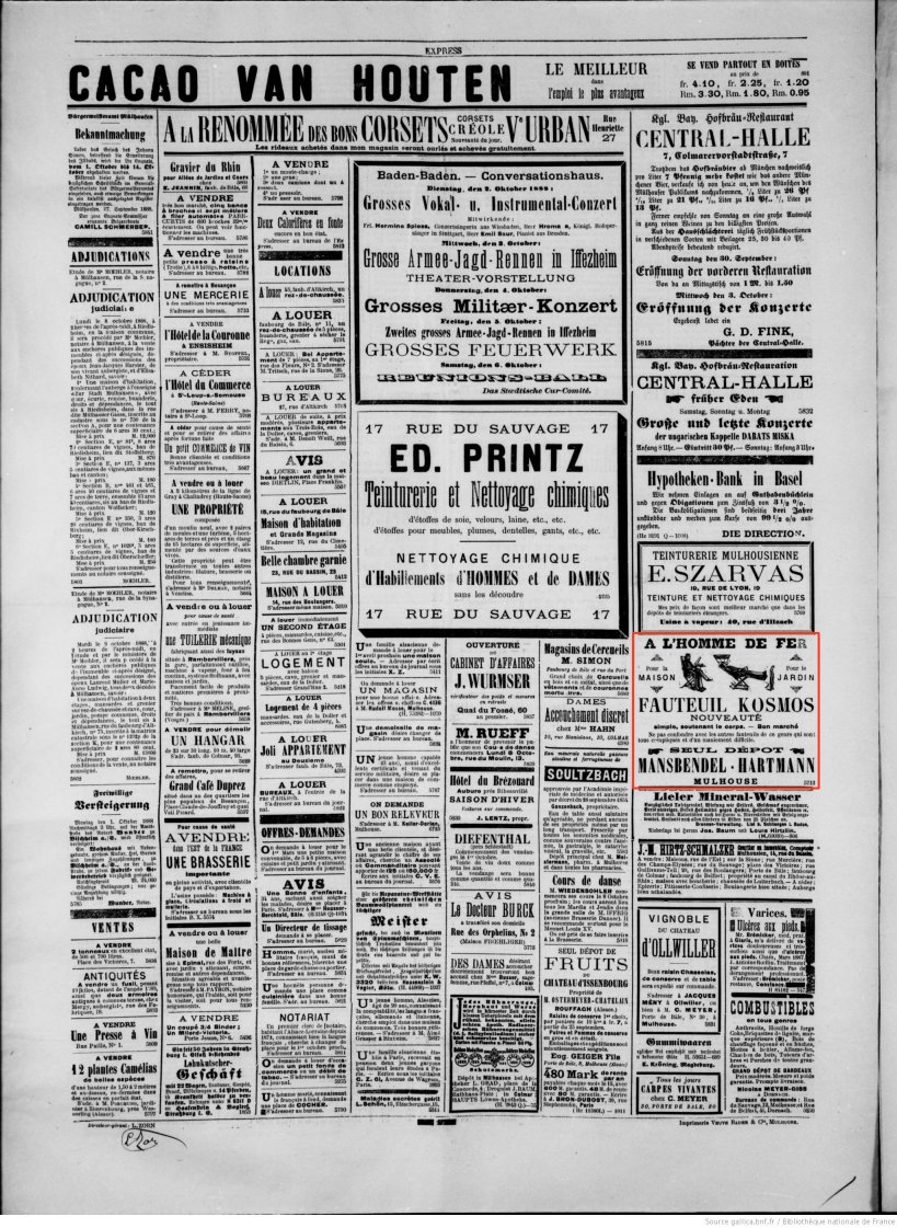 Journal L'Express de Mulhouse du 29 septembre 1888 (p.4) : fauteuil Kosmos.
